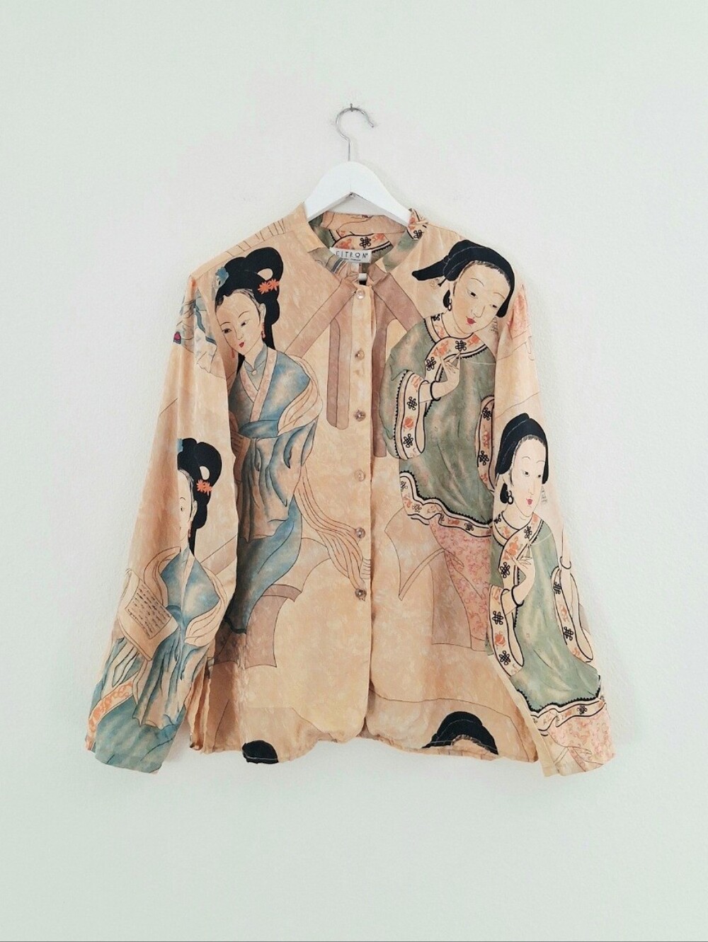 Citron Santa Monica Art-To-Wear Silk Button Down Blouse Asian Geisha Watercolor